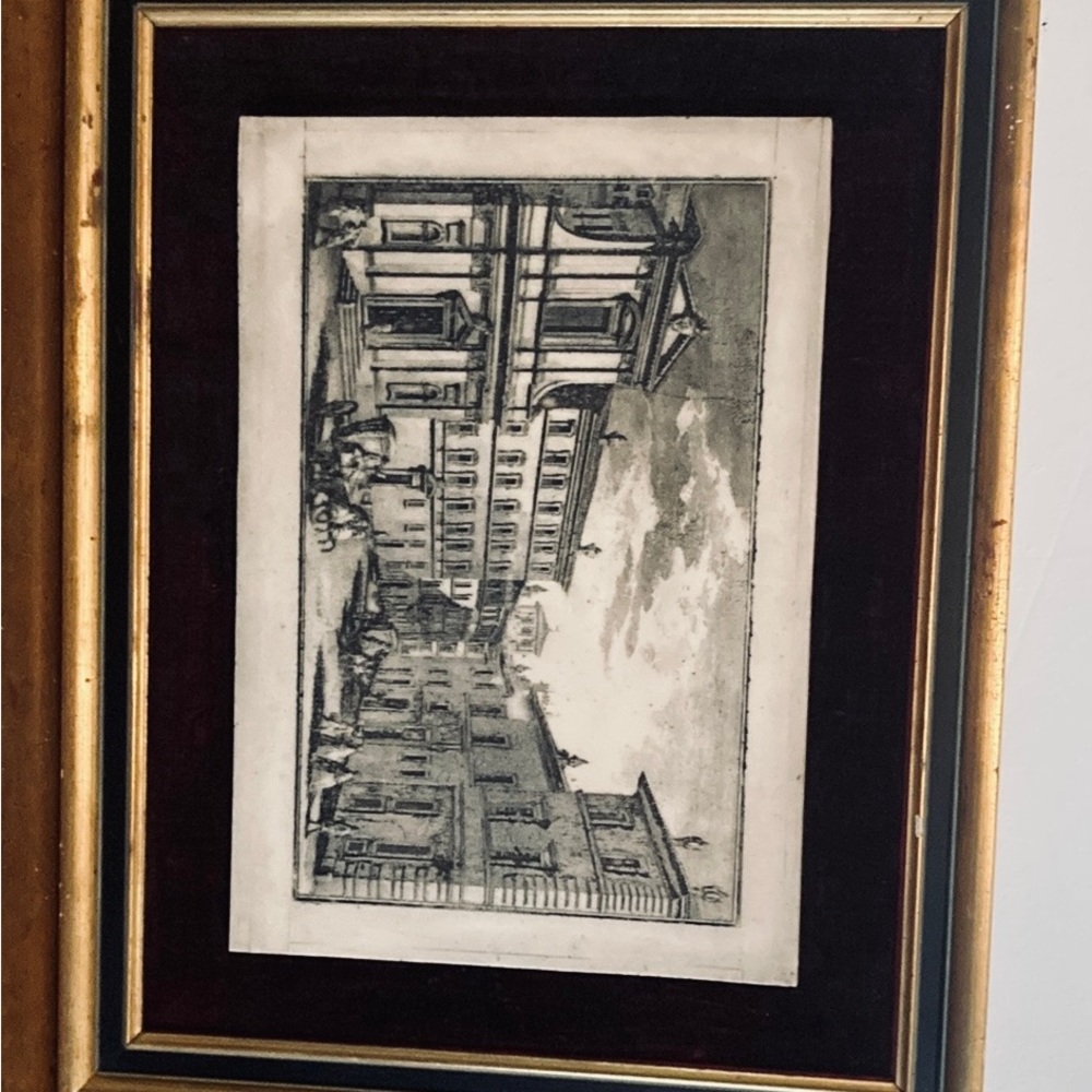 Vintage, etching 16 1/2 “by 21” in the frame. Actual etching 14 1/2“ x 10“.